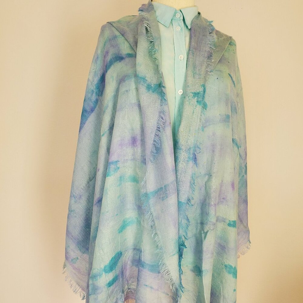 NEW‎ soft silk cashmere Wrap large Scarf tiedyed brunello blue purple gray green